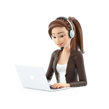 Animated female call center agent working on a laptop with a headset.