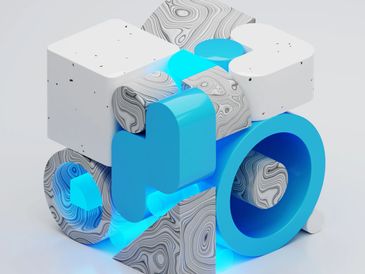 Abstract geometric shapes with blue and gray marbled textures and glowing blue accents.