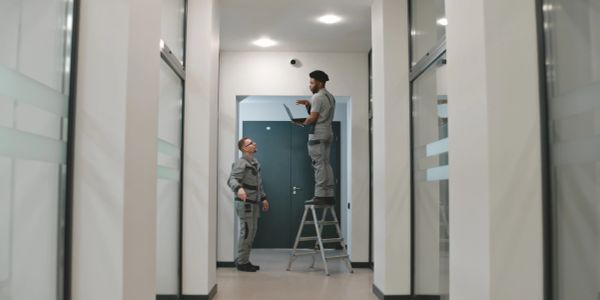 Two security personnel inspecting a surveillance camera.