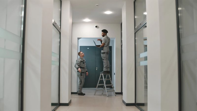 Two multi ethnic installers in uniform sets up security camera in office hallway using laptop. They talk, check CCTV cameras in computer program. Concept of surveillance system and privacy.