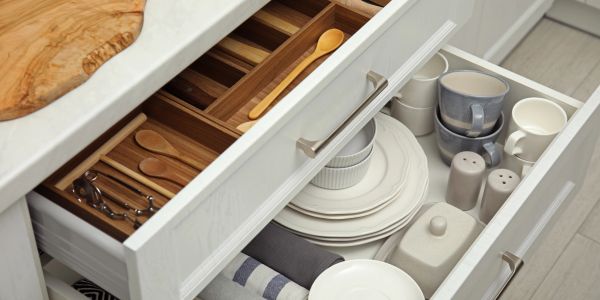 Organized kitchen drawers with cutlery and crockery.