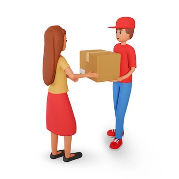 3D illustration of a delivery man handing a package to a woman.