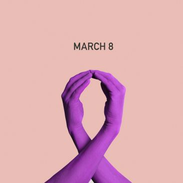 Purple hands forming a circle with March 8 text.