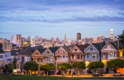 Painted Ladies in San Francisco at dusk.