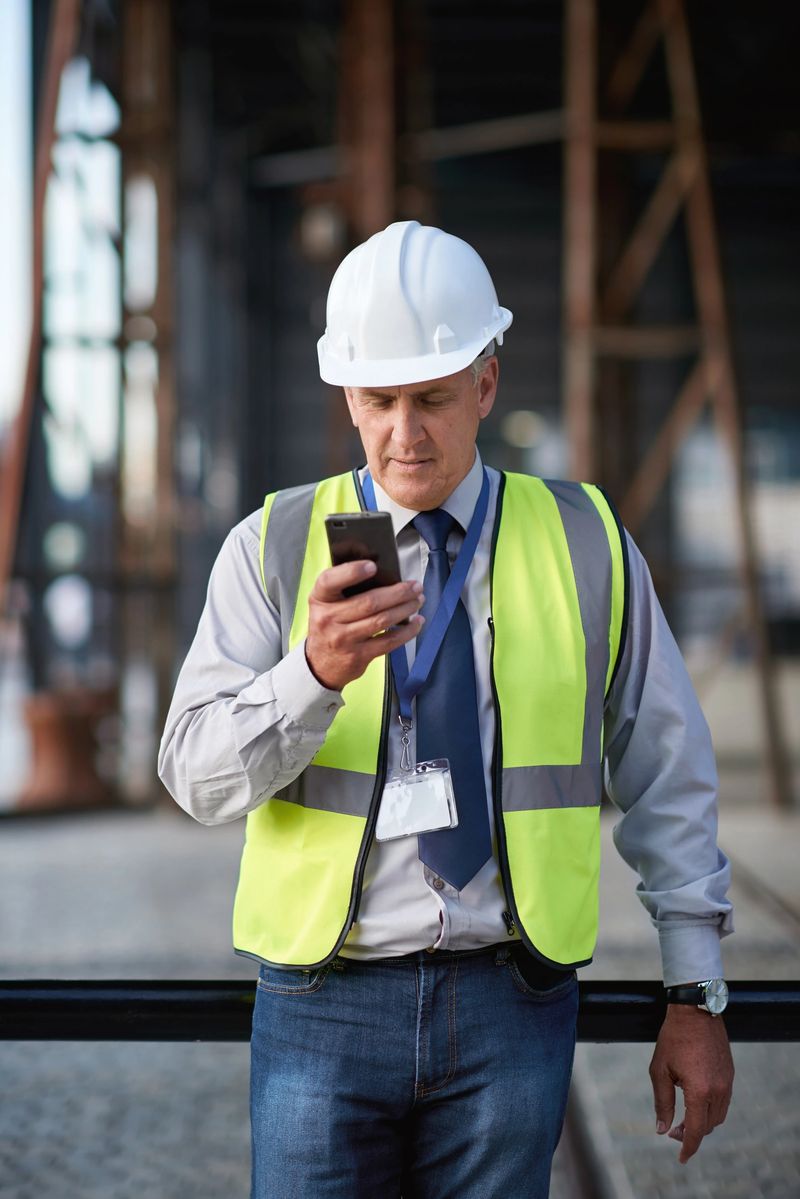 Mature construction worker man using smartphone browsing messages on site wearing hard hat and reflective vest in city