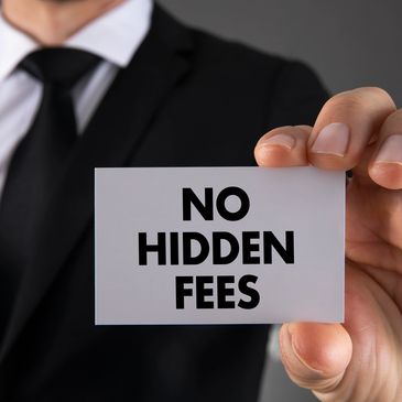 Man holding card with "No Hidden Fees," highlighting transparent fingerprinting pricing.
