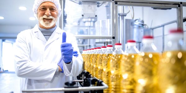 Smiling worker giving thumbs up in oil bottling factory.