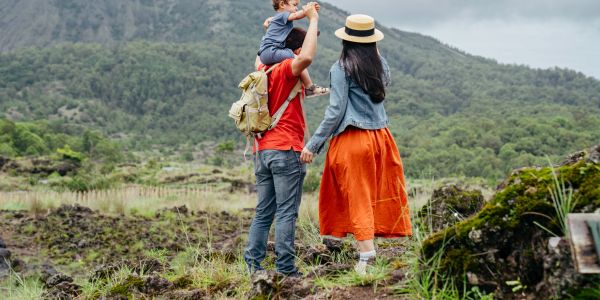 Family hiking in a mountainous area.