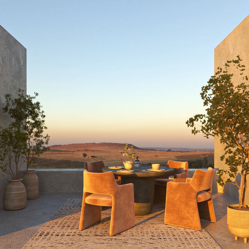 Outdoor scandinavian balcony with modern dining table and chairs. Beautiful nature sunset mountains view and blue sky on background. 3d render. High quality 3d illustration.