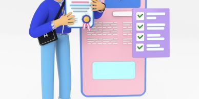 Graduate holding a certificate with digital checklist and media interface.
