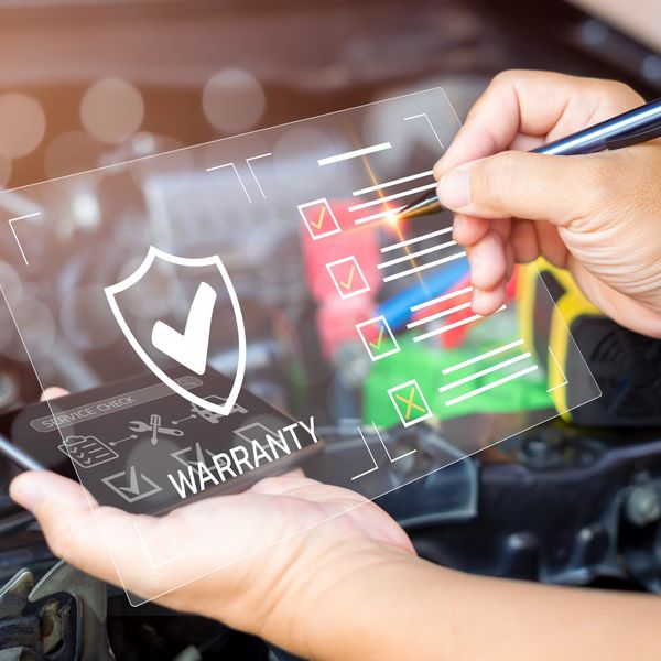 Person holding a digital warranty checklist with a checkmark shield icon.