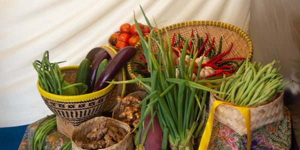 Fresh vegetables displayed in woven baskets on a colorful cloth.