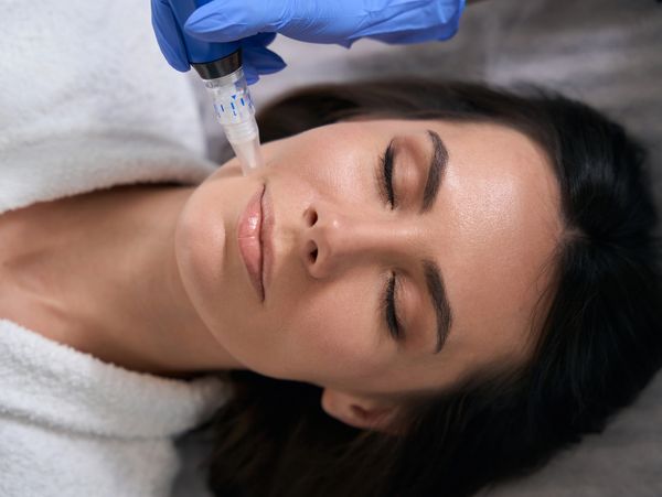 Woman receiving a facial injection treatment with eyes closed.
