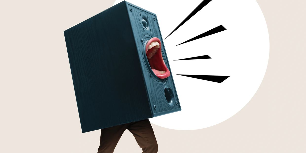 Person with a speaker as a head, mouth open, emitting sound waves.
