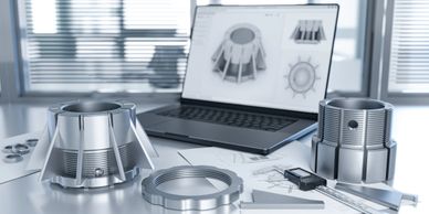 Metal mechanical parts on a desk with CAD designs on a laptop screen.