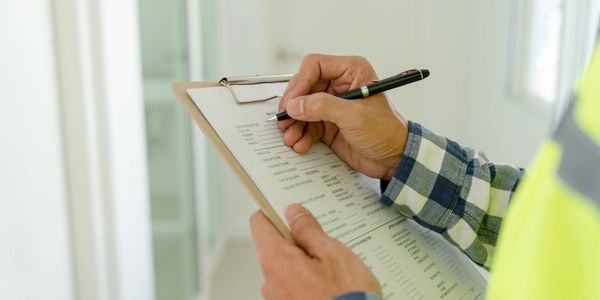 Person writing on a checklist with a pen on a clipboard.