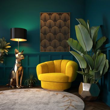 Stylish living room with a yellow chair, golden dog statue, and large green plant.