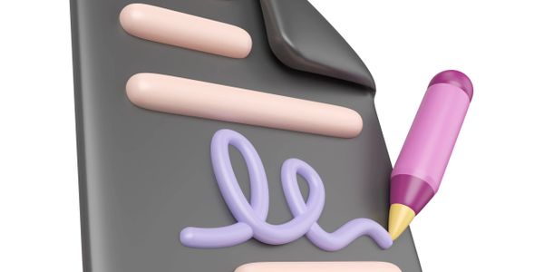 3D illustration of a pink pen signing a document.