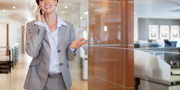 Businesswoman talking on phone in office.