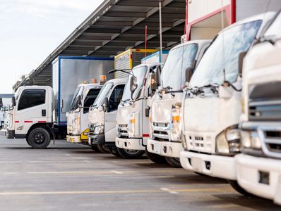 Fila de camiones estacionados bajo un techo.