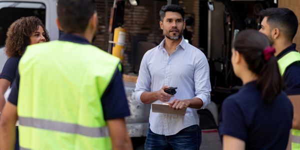 Man giving instructions to a group of workers.