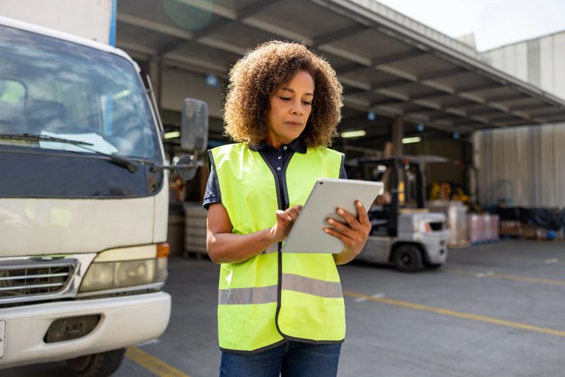 African American woman supervising the dispatch of trucks at a distribution warehouse