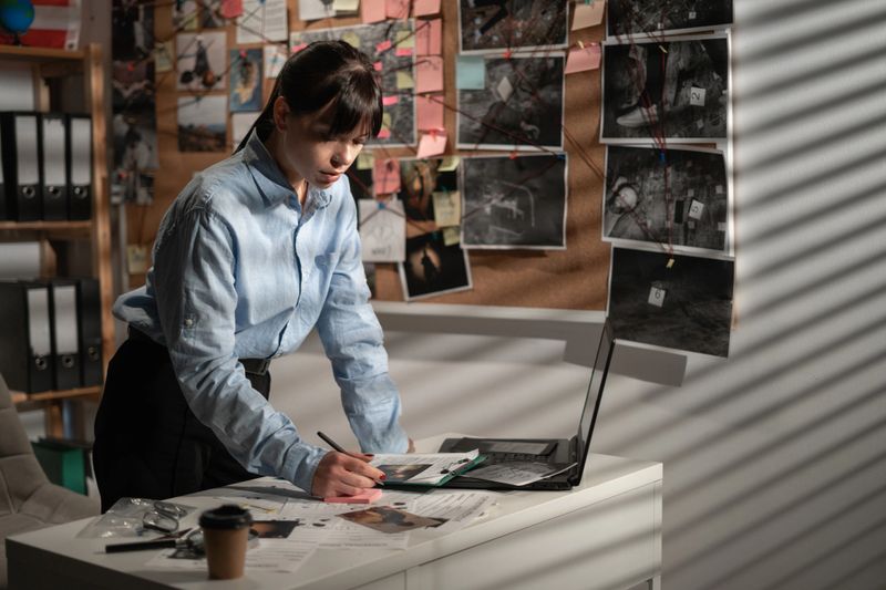 Detective working at desk with laptop computer in her office. Copy space