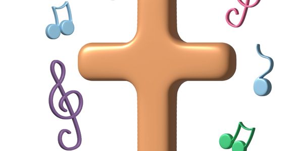 A cross surrounded by colorful musical notes on a white background.