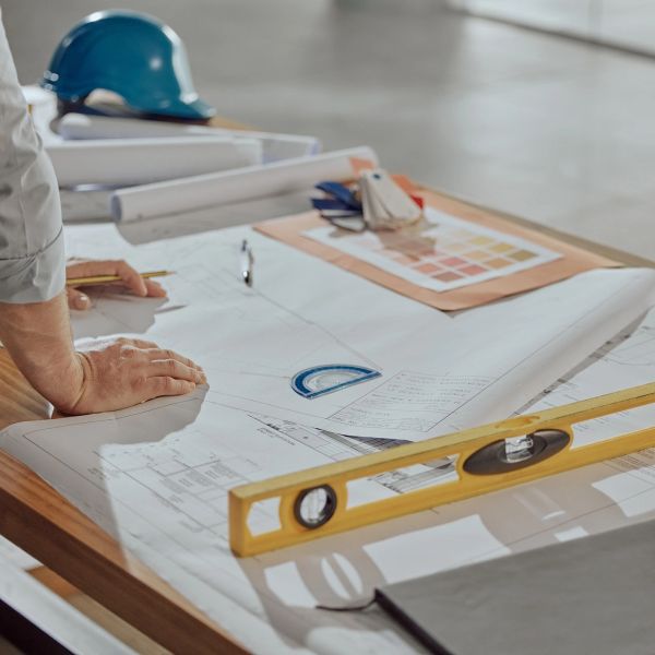Architect reviewing blueprints with tools and color samples on the table.