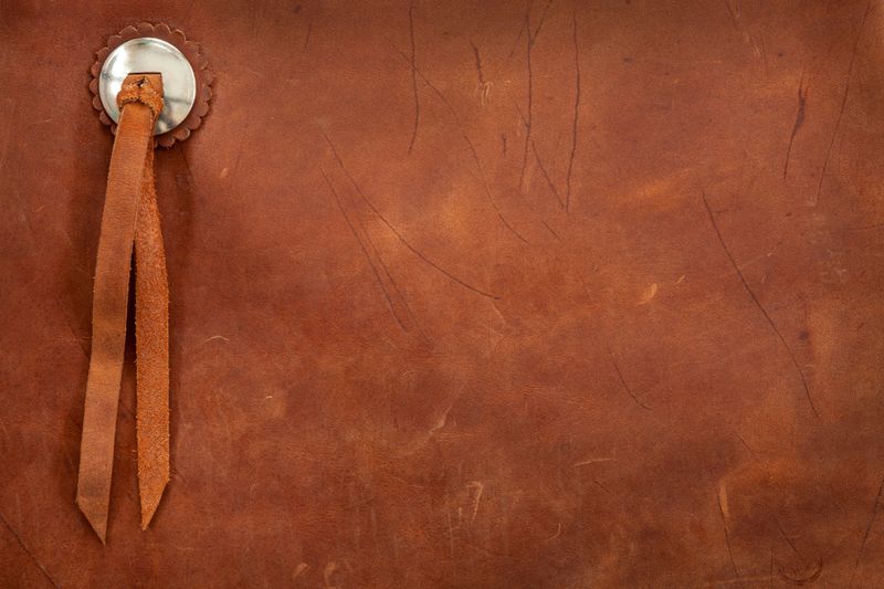 Brown leather chaps texture background with a metal concha and tassels