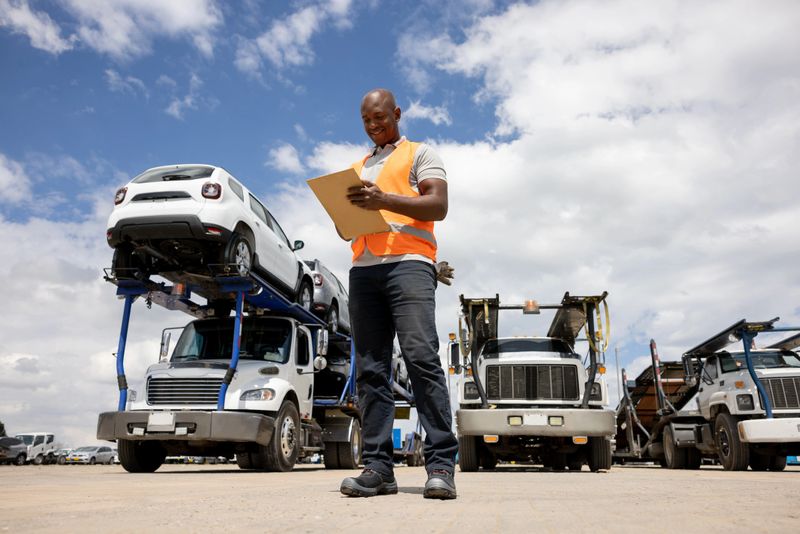 African American man working at a distribution warehouse supervising the shipment of cars - automobile industry