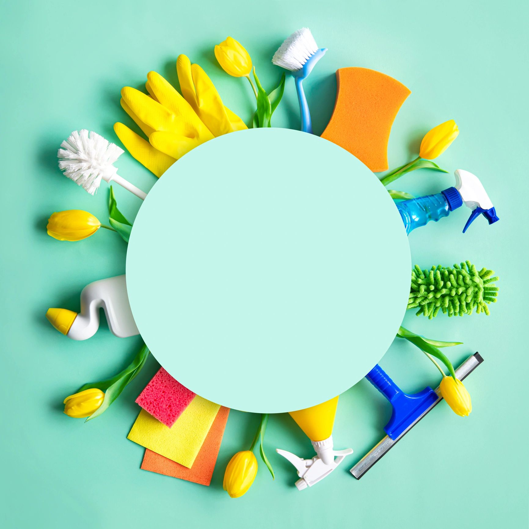 Cleaning supplies and yellow tulips arranged around a blue circle on a turquoise background.