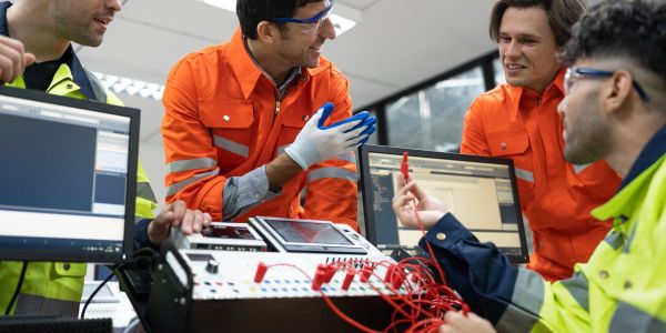 Engineers discussing work with technical equipment.