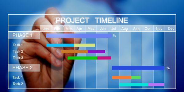 A project timeline is overlayed on a hand that is holding a stylus and pointing at one of the items 