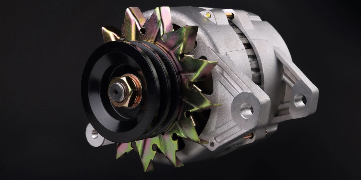 Close-up of a car alternator on black background.