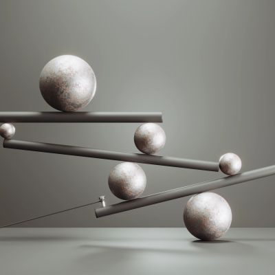 Abstract art with spheres balancing on rods.