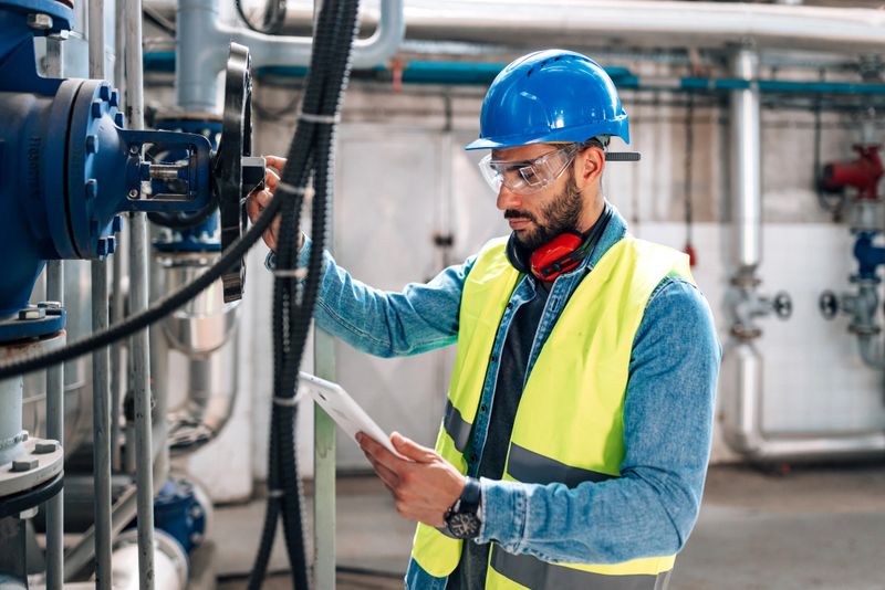 A young Caucasian male engineer in protective workwear is performing a system check.