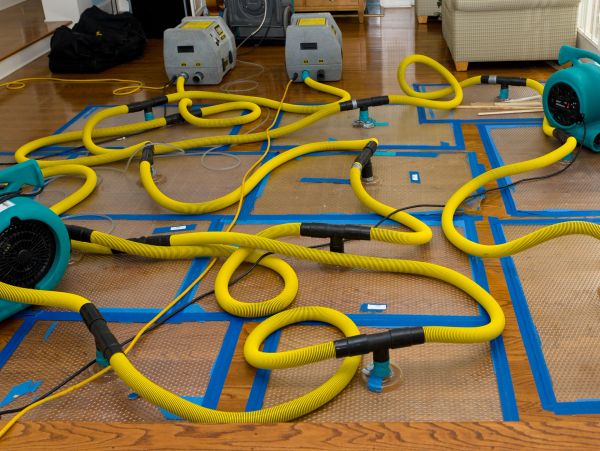 Multiple yellow hoses and blowers set up on a floor with blue tape markings.
