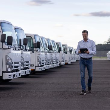 Man inspecting a fleet of white trucks with a tablet.