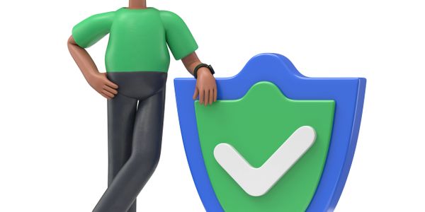 3D character standing confidently beside a shield with a checkmark symbol.