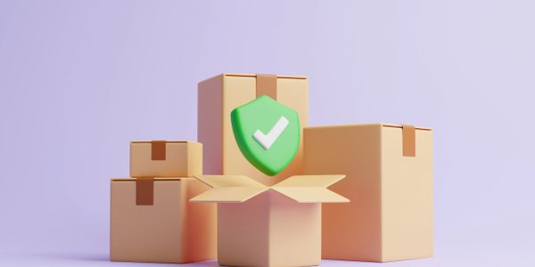 Cardboard boxes with a green shield and checkmark symbolizing security.