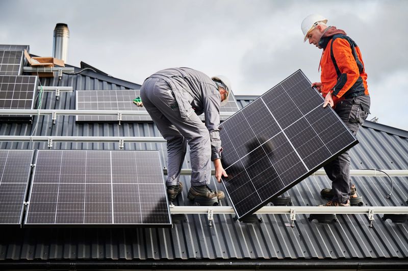 Engineers building solar panel system on roof of house. Men workers in helmets carrying photovoltaic solar module outdoors. Concept of alternative and renewable energy.