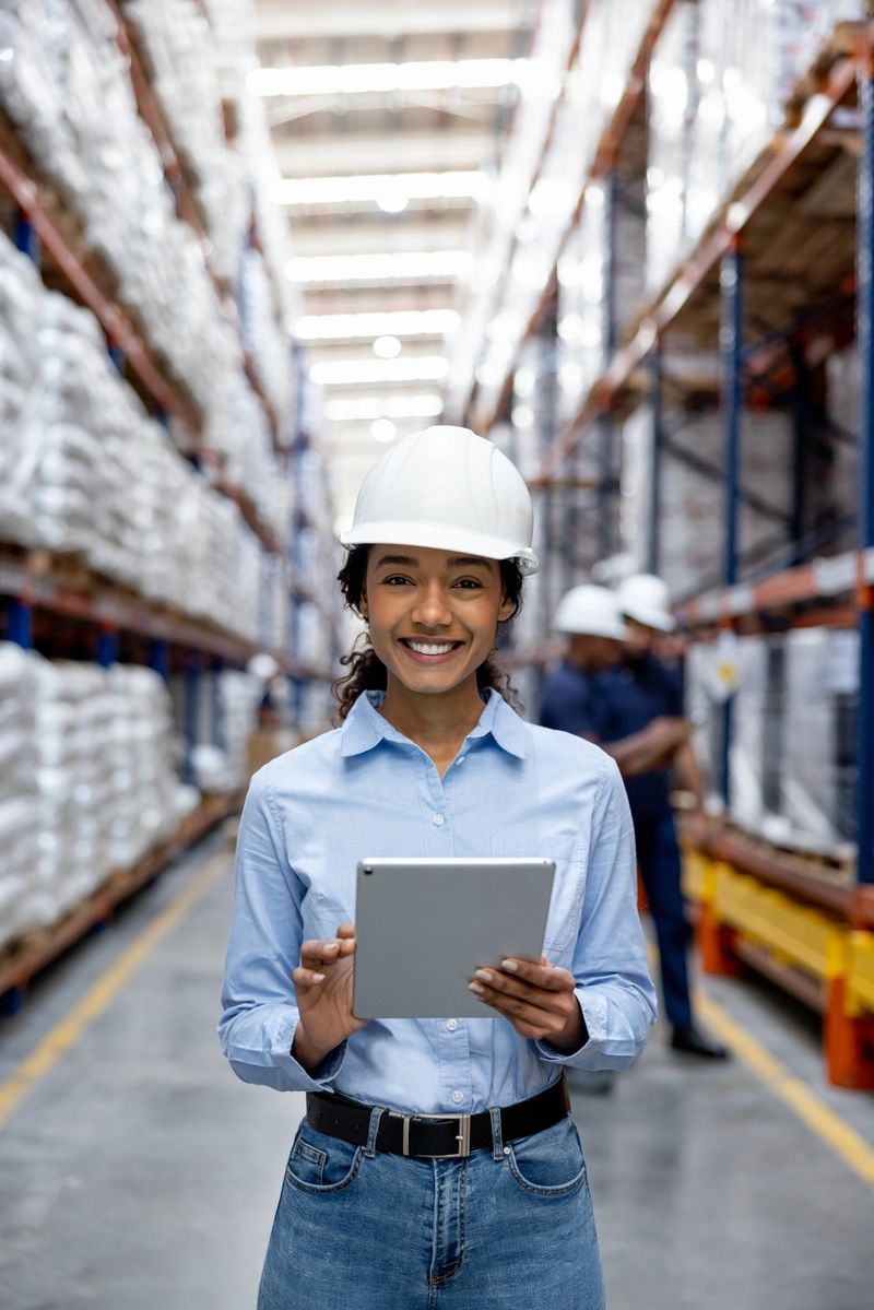 Happy Latin American woman working at a distribution warehouse and supervising the logistics of shipping - global business concepts