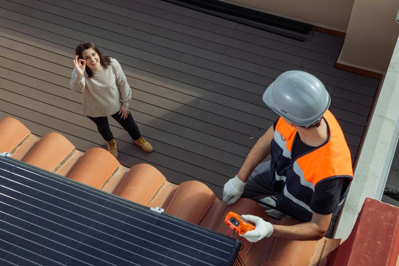 Top view of Happy customer client, owner of the house, while worker installs solar panels on roof. Alternative energy, saving resources and sustainable lifestyle concept. Horizontal, aerial view