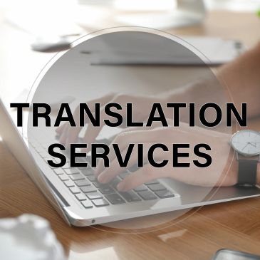 Hands typing on a laptop with 'Translation Services' text overlay.