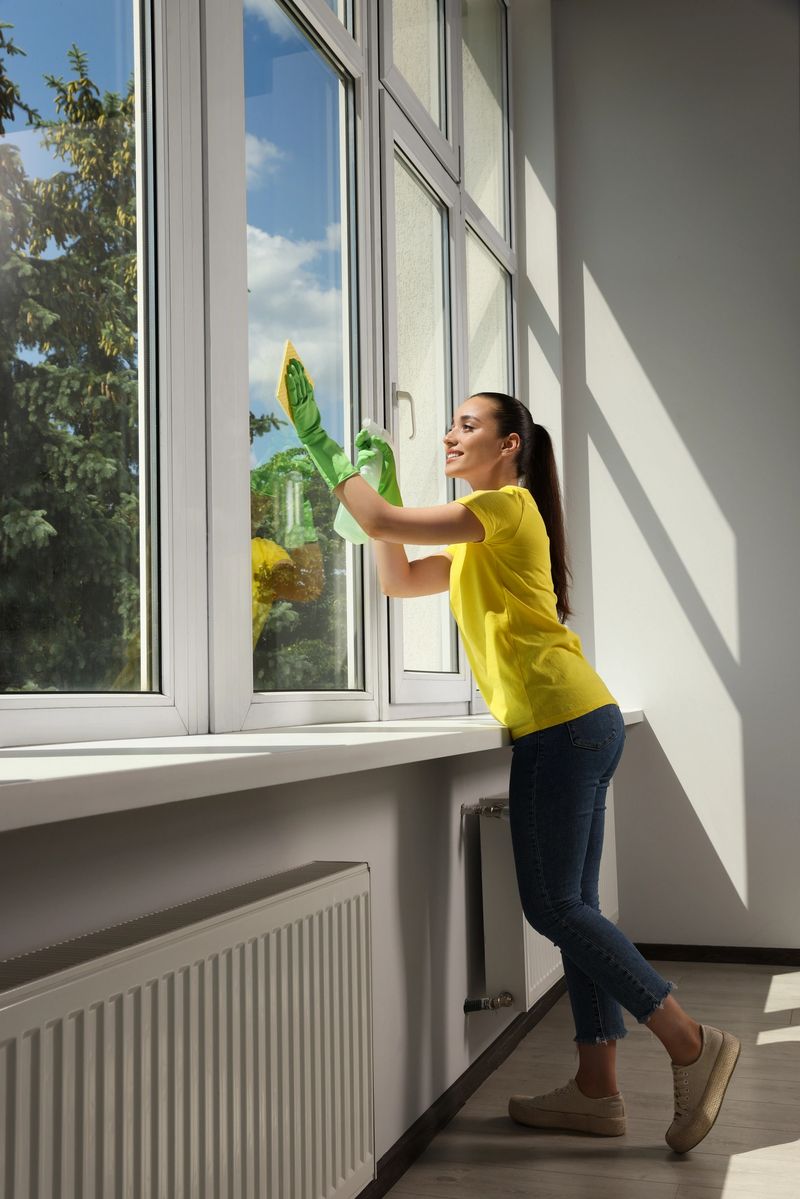 Happy young woman cleaning window glass with sponge cloth and spray indoors