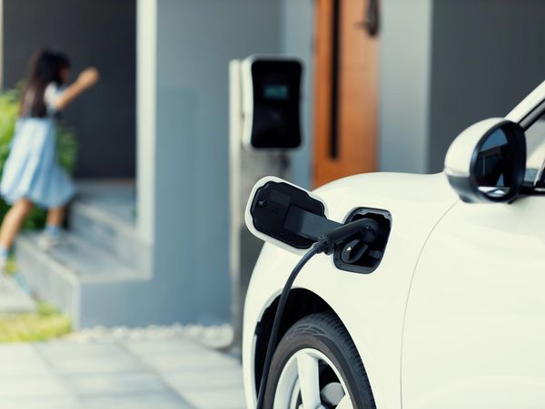 White electric car charging at home with child in background.