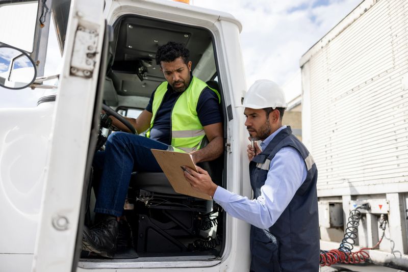 Foreperson talking to a truck driver while working at a distribution warehouse transporting merchandise - freight transportation concepts