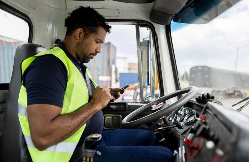 Latin American truck driver transporting merchandise and using a GPS system on his cell phone