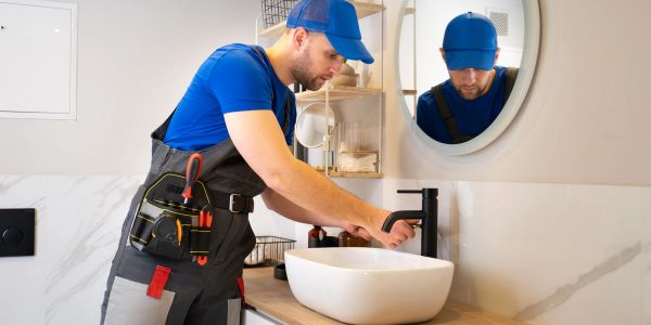 Plumber fixing sink faucet in a bathroom.